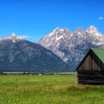 Cabin in front of mountains